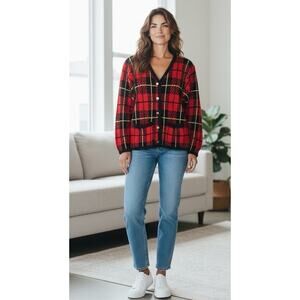 Tally Ho Women's Red Plaid Cardigan Sweater - Size Measured